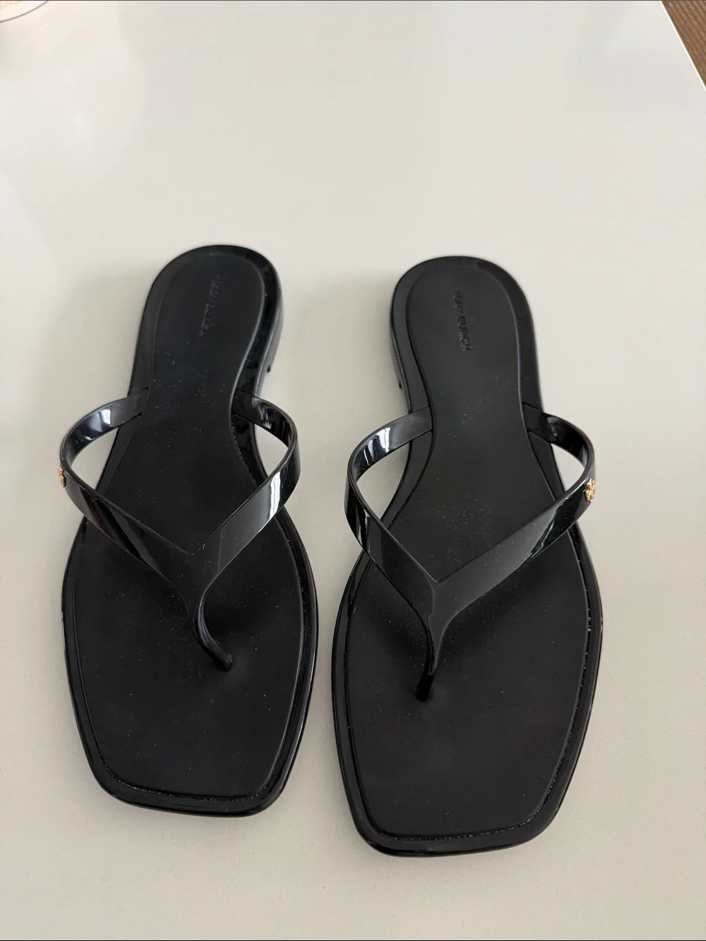 Tory Burch Black Square-Toe Thong Sandals with Subtle Gold Emblem - Picture 1 of 7
